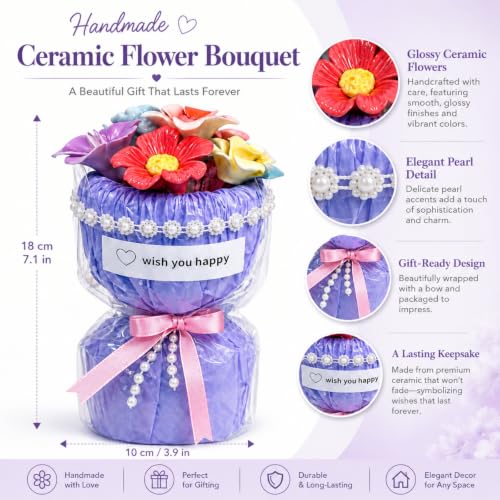 Porcelain Flower Bouquet - Handmade Ceramic Flowers Floral Arrangement, 6 Unique Blossoms, 6 inches Height, Shelf Living Room Decor, Ideal Gift for Mother’s Day, Birthdayr (Blue-Rose) - color: Blue-rose