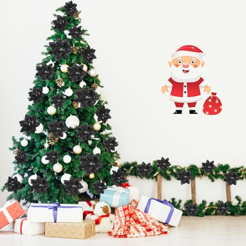 36 Pcs Christmas Glitter Artificial Poinsettia Flowers Xmas Poinsettia Artificial Wedding Flowers Decorations Xmas Tree Ornaments with Clips for Party, 6 Inch, 4 Inch, 3 Inch(Black) - color: Black