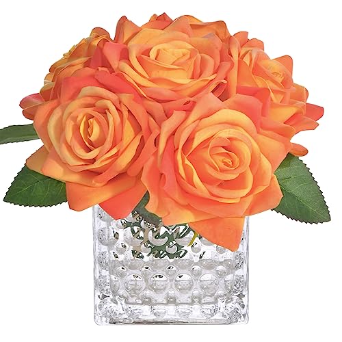 Fule Artificial Silk Rose Flower Centerpiece Arrangement in Glass Vase with LED Light for Home Wedding Decoration (Orange) - color: Z-orange