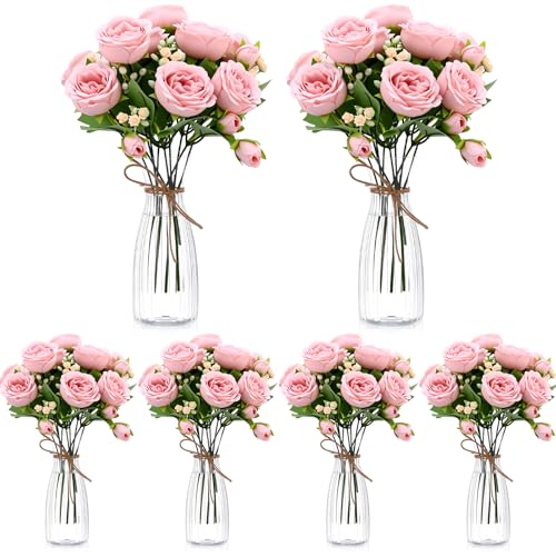 Thiccywoov 19 Pack Artificial Peony Flowers with Vase Bulk, 12 Bundles Faux Peony Bouquet 6 Vase with 1 Rope Silk Flower Arrangement Wedding Table Centerpiece for Wedding Bridal Shower(Light Pink) - color: Light Pink