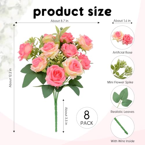 8 Pack Rose Artificial Flowers Bouquet, 10 Small Silk Rose Heads Per Pack, Fake Roses Bunches for Wedding Table Centerpieces Bridal Bouquet Mother's Day Valentine's Day Home Decor, Deep Pink - color: Deep Pink