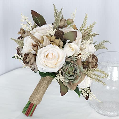 MOJUN Wedding Bouquet for Bride, Artificial Hand Made Rose Flower for Bridal Bridesmaids Romantic Wedding Bouquet for Wedding Valentine's Day Party Home Tables Decorations, Creamy - color: Cream Khaki Bouquet