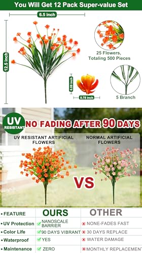 TURNMEON 12 Bundles Artificial Flowers for Outdoors Summer Decorations, UV Resistant Fake Mums Realistic Fake Plants Faux Plastic Flowers for Outdoor Indoor Home Gardens Porch Fall Decor(Orange Red) - color: Orange Red, size: 12 Bundles
