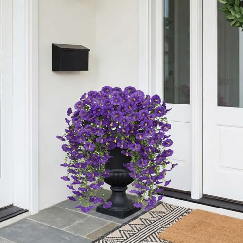 6PCS Artificial Hanging Morning Glory Flowers for Outdoor, UV Resistant Silk Faux Flowers with Realistic Eucalyptus Plants for Home Office Garden Patio Window Basket Decor(Purple) - color: Purple
