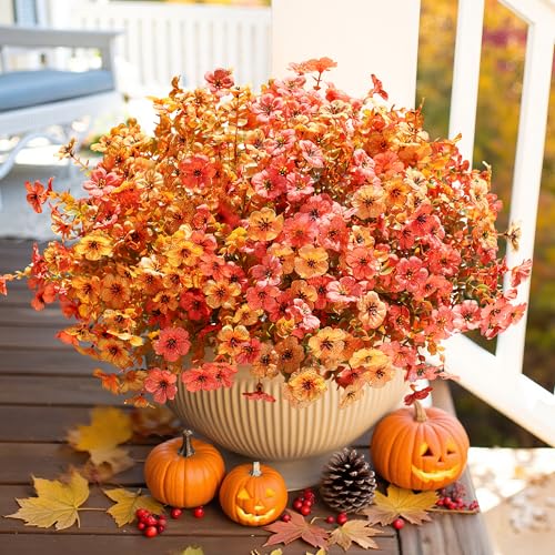 HyeFlora Artificial Fall Flowers Faux Mums for Outdoor Indoor Garden Home Decoration, Faux Flower Daisy with Eucalyptus Leaves Fake Mums Plants Greenery Boxwood Porch Patio, 12 Bundles - color: F Orangeyellow