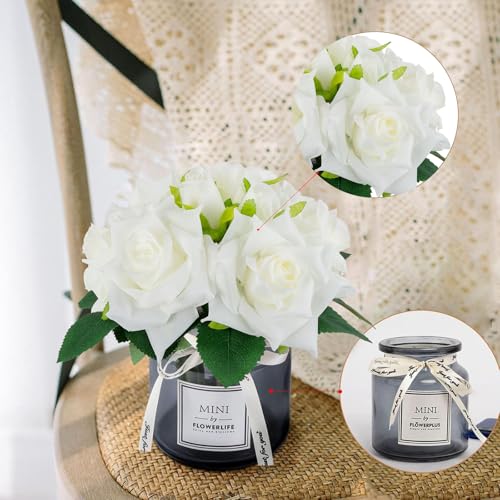 XIAYAN Artificial Flower and Glass vase, Silk Rose Flower Glass Bottle Set, Suitable for Living Room, Dining Table, Office, Wedding, Hotel Banquet and Family Decoration. (White)……… - color: Ivory