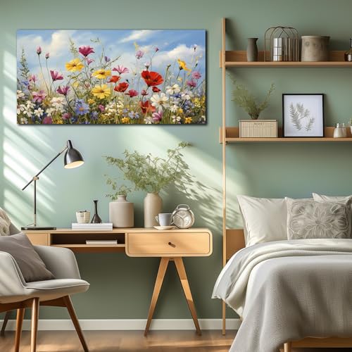 Flower Wall Art for Bedroom Teen Girl Colorful Artwork for Wall Floral Wall Decor for Living Room Ready to Hang 20 x 40 Inch - color: Yellow Red White, size: 40"L x 20"W