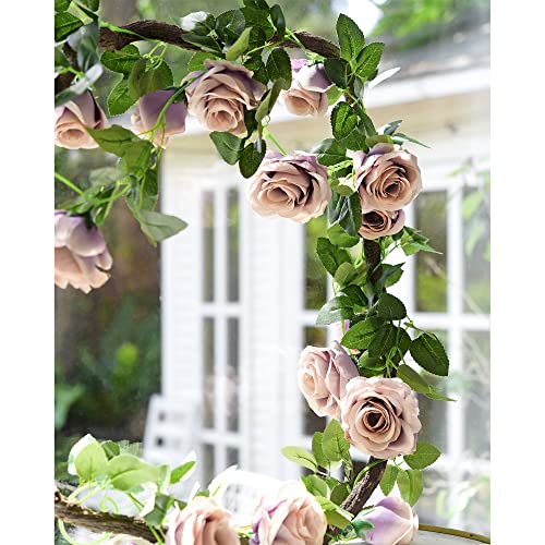 FiveSeasonStuff Smoky Purple Rose Silk Flower Garland Artificial Flowers Decoration Hanging Floral Décor for Wedding Baby Shower Birthday Party Garden 29 Ft 4 Pack - color: Smoky Purple