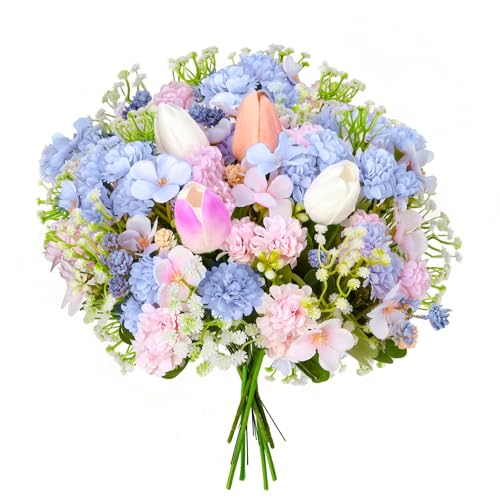Florielle Artificial Hydrangea Bouquet Fake Silk Flower with Faux Tulips Baby's Breath for Spring Summer Wedding Centerpieces Home Decor Party Table Floral Arrangements (Blue Pink) - color: Blue Pink