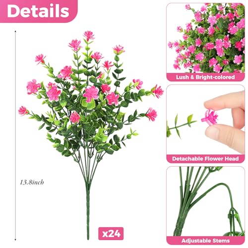 Roberly 24 Bundles Artificial Flowers for Outdoors, UV Resistant Eucalyptus Fake Flowers Shrubs Greenery Plastic Plants for Garden Porch Window Box Farmhouse Indoor Home Decor, Pink - color: Pink