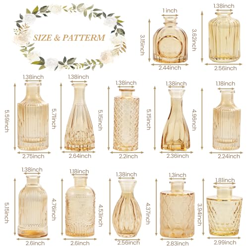 UPBUD Amber Glass Bud Vases Set of 12, Gold Mini Flower Vase for Centerpieces, Small Vases in Bulk for Wedding Decorations, Vintage Vase for Table, Recepetion, Home Décor - color: Standard-gold Amber, size: 12pcs