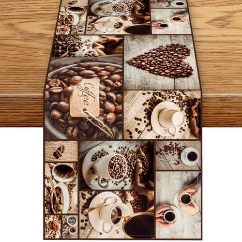 Coffee Time Table Runner, Rustic Coffee Theme Cafe Cup Latte Cappuccino Tea Bean Drinks Vintage Table Center Decor for Family Kitchen Farmhouse Holiday Party Table Decorations,, 13"x36" - color: Coffee-11, size: 13“ X 36"
