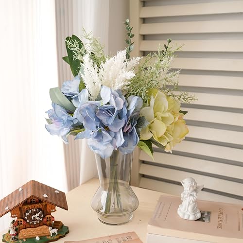 LUEUR Artificial Blue Hydrangea Flowers in Vase Centerpiece – Coastal Style Faux Floral Arrangement for Coffee Table, Dining Room, Living Room, Bathroom & Beach House Home Decor - color: Green & Yellow