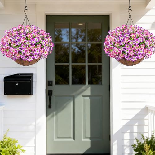 Realistic Artificial Hanging Flowers for Outdoors with Basket, 2 Set Large Size UV Resistant Artificial Outdoor Flowers, Full Faux Outdoor Flowers Fake Hanging Flowers for Porch, Front Door, Garden - color: Purple Red+rose Red, size: 2 Set