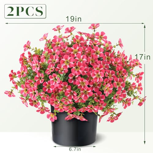 2 Set of Artificial Morning Glory & Eucalyptus Topiary Trees - Faux Silk Flower Potted Plants, UV-Resistant Fake Outdoor Morning Glory Bushes for Front Door, Yard, Farmhouse, Garden Decor (Rose Red) - color: Rose Red