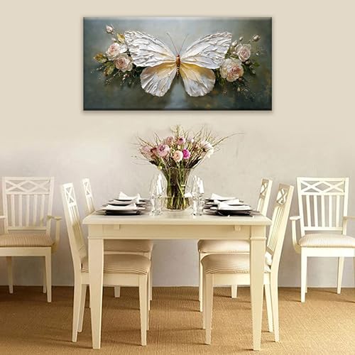 Modern Abstract Artwork White Simple Butterfly And Rose Wall Art Decor Canvas Prints Art Work For Wall Decor For Bedroom Living Room Apartment Kitchen Bathroom Office 20x40 Inch - color: White, size: 40"L x 20"W
