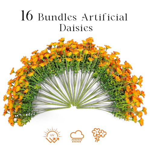 16 Bundles Silk Daisy Artificial Flowers for Outdoors UV Resistant Fake Daisies Plastic Plants Flower for Home Outside Front Door Porch Garden Patio Planters Decoration (Orange) - color: Orange