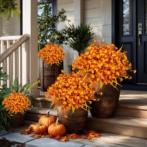 AXYLEX Artificial Mums for Outdoor Fall Flowers - Fake Plants UV Resistant No Fade Faux Plastic Home Decor Garden Porch Patio (1, OrangeMixed) - color: Orangemixed