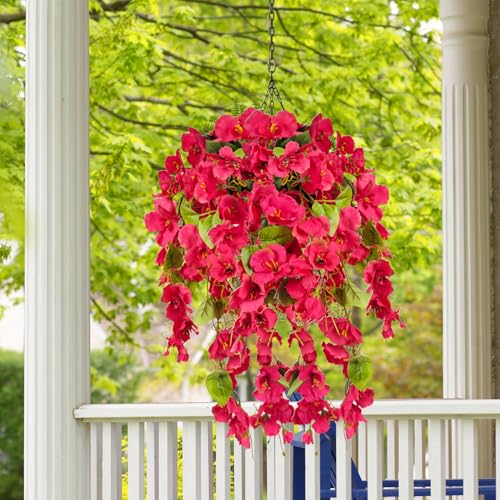 Artificial Fake Hanging Flowers Plants for Outdoor, Faux Silk Hibiscus Long Trailing Vines Realistic UV Resistant for Home Indoor Outside Front Porch Planter Patio Yard Decor,2Pcs (Red) - color: Red