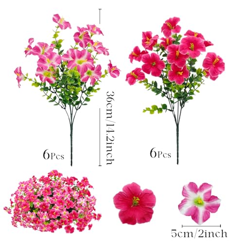Artificial Flowers for Outdoors Decoration, 12 Bundles Fake Silk Morning Glory with Faux Plastic Eucalyptus UV Resistant for Outside Front Door Porch Planters Patio Garden Decor (MultiColor 5) - color: Multicolor 5