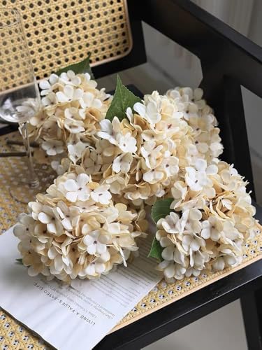 6PCS Artificial Silk Hydrangea Flowers Vintage Fake Bouquet Plants Faux Hydrangea Flower with Stems and Leaves for Wedding Party Home Kitchen Table Centerpiece Decoration(Cream) - color: Cream