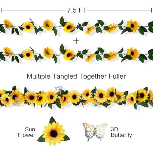 BonBloom's 4 Pack Artificial Sunflower Garland,7.5ft Sunflower Vines Fake Silk Sunflowers with Green Leaves,Flower Garland for Wedding Birthday Party Wall Backdrop Home Decoration - color: Sunflower, size: 4 Pack