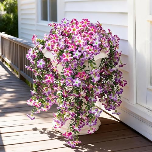 3 Pack Artificial Morning Glory Flowers for outdoors spring decor, UV Resistant Fake Flowers for Outdoor Wedding Party, Realistic Faux Hanging Plants for Patio, Porch,Front Door Decor (Pink Purple) - color: Double Purple-3