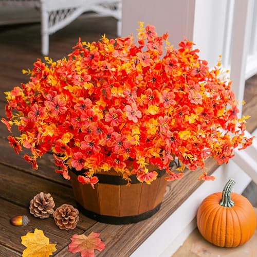 Ivydale Fall Flowers Artificial for Decoration Outdoors Fake Mums 12 Bundles Faux Planters UV Resistant Look Real for Autumn Home Porch Patio Garden Yard, Fall-Orange - color: Fall-orange