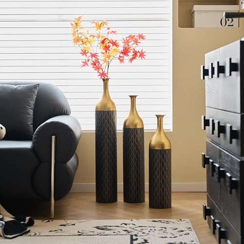 Tall Black and Gold Floor Vases - 34in Large Metal Floor Vase Decorative Tall - Set of 3 Modern Big Standing Vases for Living Room Dining Bedroom Home Corner Hallway Indoor Office - color: Floor Vases Black Gold