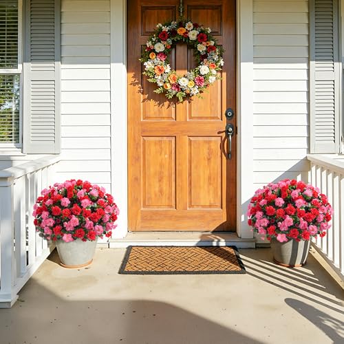 Artificial Fake Outdoor Flowers Plants, Faux Silk Camellia Bundles UV Resistant No Fade Realistic for Planter Pot, Outside Porch Patio Balcony Garden Yard Home Decoration, 3 Large Bundles(Melon Red) - color: Melon Red+red
