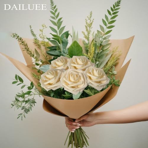 Artificial Roses Flowers 16Pcs Real Touch Roses with Stem Foam Fake Roses for DIY Wedding Bouquets Centerpieces Arrangement Party Baby Shower Home Decorations (Champagne) - color: Champagne
