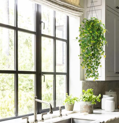 RECUTMS 3Pcs Artificial Hanging Plants Fake Vines for Outdoor Faux Greenery | 31.5'',UV Resistant Trailing Greenery,Fake Yellow Leaves,Faux Ivy Vine for Home Outside Garden Porch Home Office Decor - color: Yellow, size: Hanging Ivy