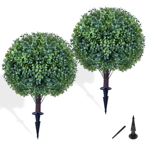 24" Artificial Boxwood Topiary Ball Tree Set of 2, UV & Fade Resistant Faux Evergreen Shrubs, Fake Plants for Indoor Outdoor Front Porch Garden Decoration - color: Boxwood