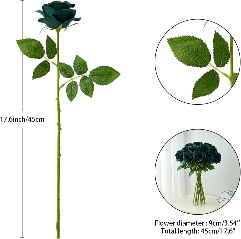 60 PCS Fake Emerald Green Roses Artificial Flowers Bulk Realistic Silk Faux Rose with Stems for Wedding Decoration Anniversary Bridal Bouquet DIY Floral Arrangement Romantic Home Decor Gifts - color: Emerald