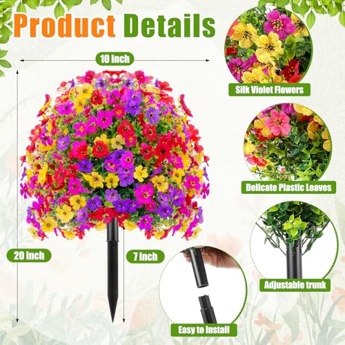 Suncalla 6 Pack Artificial Boxwood Topiary Ball Tree with Violet Flowers, 20" Outdoors Fake UV Resistant Plants with Ground Spike Faux Eucalyptus Shrubs Bushes for Porch Patio Garden (Mixed Color) - style: Mixed Color