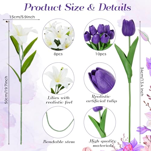 Giegxin 18 Pcs Artificial White Lilies with Purple Tulips, Latex Fake Tiger Lily Bouquet for Spring Home Church Wedding Decorations, Faux Tulips Floral Arrangement - color: White, Purple, style: Lily, Tulips