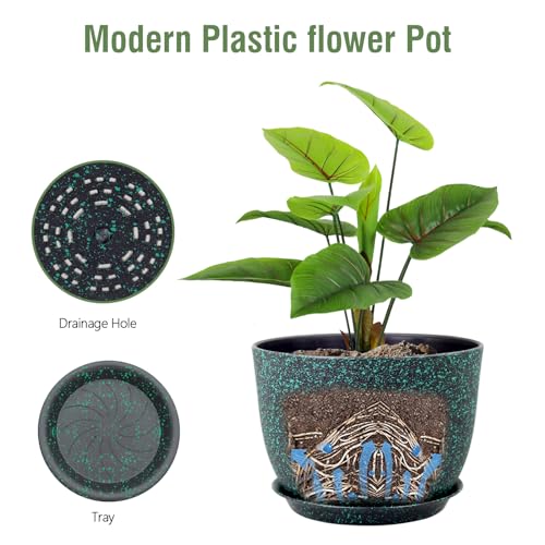 Meowell 12 inch Large Plant Pots, Plastic Planters with Drainage Holes and Saucers, Flower Pots for Indoor Outdoor Plants, Decorative Pots for Garden House Plants, Black with Green Speckles - color: Black With Green Speckles, size: 12inch C
