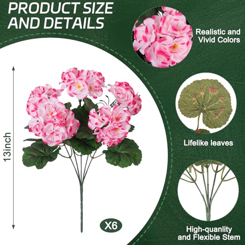 Ammyoo Artificial Geranium Flowers for Outdoors Decoration, 6 Pcs Fake Silk Geraniums Flower UV Resistant Look Real Faux Plants for Spring Garden Porch Planter Yard Table Centerpieces Decor - color: Pink