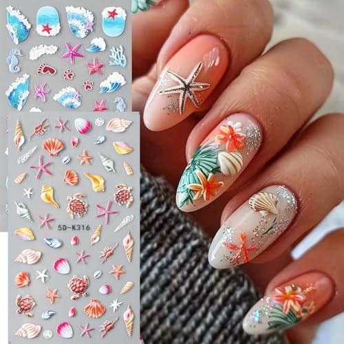 Summer Ocean Nail Decals 5D Embossed Nail Art Sticker 2PCS Beach Sea Shell Starfish Turtle Ocean Sliders Holiday Nail Stickers DIY Charms Decorations Self Adhesive Manicure Supplies - style: Style4-Summer Ocean