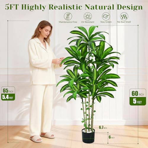 Dolicer 5FT Tall Look Real Artificial Dracaena Tree Indoor with Black Planter, Realistic Artificial Fake Faux Indoor Plants with Natural Trunk and Lifelike Leaves for Home Office Living Room - size: 5FT
