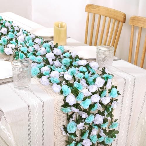KHOYIME 9 Pack 72 FT Artificial Flower Garland, Fake Blue White Roses Vines Silk Flowers Faux Plastic Outdoor Hanging Floral Ivy Garland Decoration for Wedding Arch Bedroom Home Wall Backdrop Decor - color: Blue and White, size: 9pcs