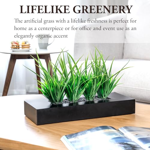 MyGift Large Artificial Green Grass Plants Potted in 14-Inch Matte Black Wood Decorative Planter, Tabletop Faux Greenery in Wooden Rectangular Pot Centerpiece Décor - color: Black, size: 14 Inch