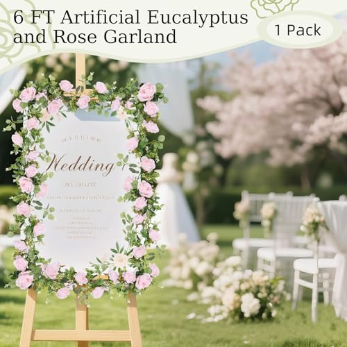 Lewondr Artificial Eucalyptus Garland with Flower - 8 Roses, 6FT Faux Floral Greenery Garlands Fake Flowers Vines, Maintenance-Free for Wedding Table Backdrop Party Centerpiece Room Decor, Pink - color: Pink, size: 1 Pack