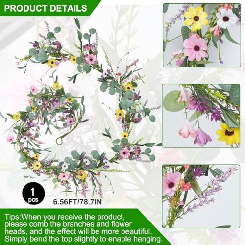 6.5FT Wildflower Daisy Garland Flower Garland with Daisy Lavender Faux Floral Vine Summer Spring Garland for Mantle Baby Shower Wedding Arch Front Door Porch Staircase Summer Spring Decor (1 Pcs)