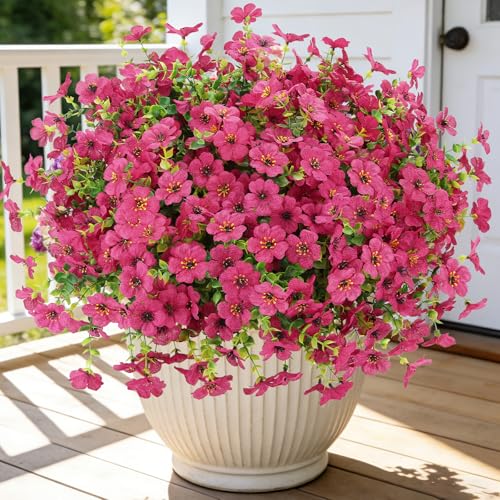 24 Bundles Artificial Flowers for Outdoors, UV Resistant Faux Flowers for Outdoor Planters, Fake Flowers for Outside Porch Patio Window Box, Mixed Color Daisy Bushes for Garden Decor(Rose Red) - color: Rose Red