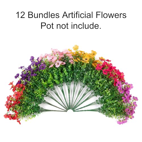HyeFlora Artificial Flowers for Outdoor Indoor Garden Home Decoration, Faux Flower Daisy with Eucalyptus Leaves Fake Plants Greenery Boxwood Porch Patio, 12 Bundles (6 Multicolor) - color: 6 Multicolor