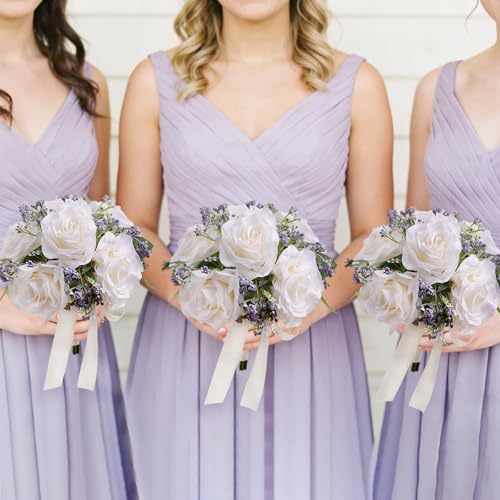 8.5 Inch Ivory Bridesmaid Bouquets for Wedding, Set of 4, Small Rose Bouquet, Rustic Artificial Silk Flowers, Floral Centerpiece Decorations - color: 4pcs White&purple Bouquets