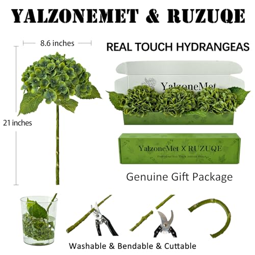 YalzoneMet 3 PCS Vintage Dark Green Hydrangea Artificial Flowers 21 inches Real Touch Faux Latex Hydrangea Flowers for Fall Tables Centerpieces Fake Flowers for Party Home Kitchen Boho Decor - color: Dark Green