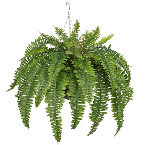 Hollyone 33" Artificial Boston Fern Hanging Basket Large 39 Leaves Fake Ferns in Rattan Pot Greenery Plants for Outdoors & Indoor Faux Fern Bush Basket Plant Patio Garden Home Decor Green - color: Hanging Basket - Green Large