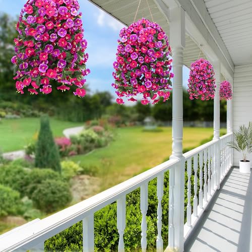 Artificial Fake Hanging Flowers Plants for Outdoor Outside Spring Summer Decoration 4PCS Faux Silk UV Resistant Realistic Morning Glory Trailing Vines for Home Porch Patio Balcony(Rose red & Magenta) - color: Rose Red & Magenta, size: 4Pcs